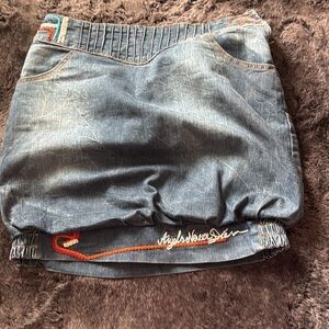 Angels Never Die Logo Denim Bomber Embroidered Sequins Mini Skirt sz S